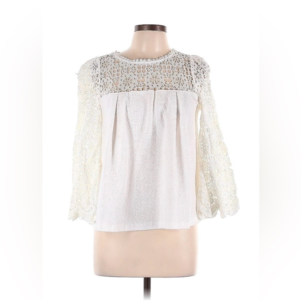 ANTHROPOLOGIE ERI + ALI OFF WHITE MARIGOLD LACE Crochet Bell Sleeve Top - XS